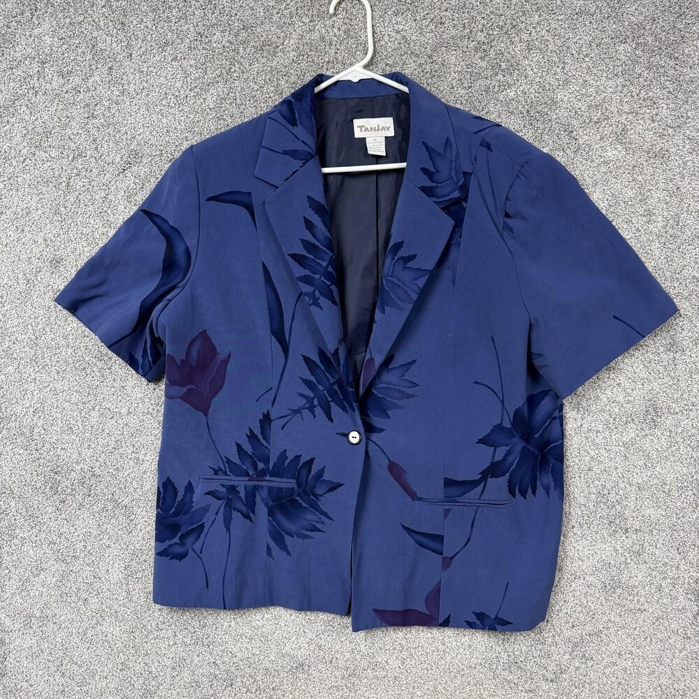 Vintage 90s TanJay Blazer Womens 18 Blue Floral One Button Boho Chic Officecore